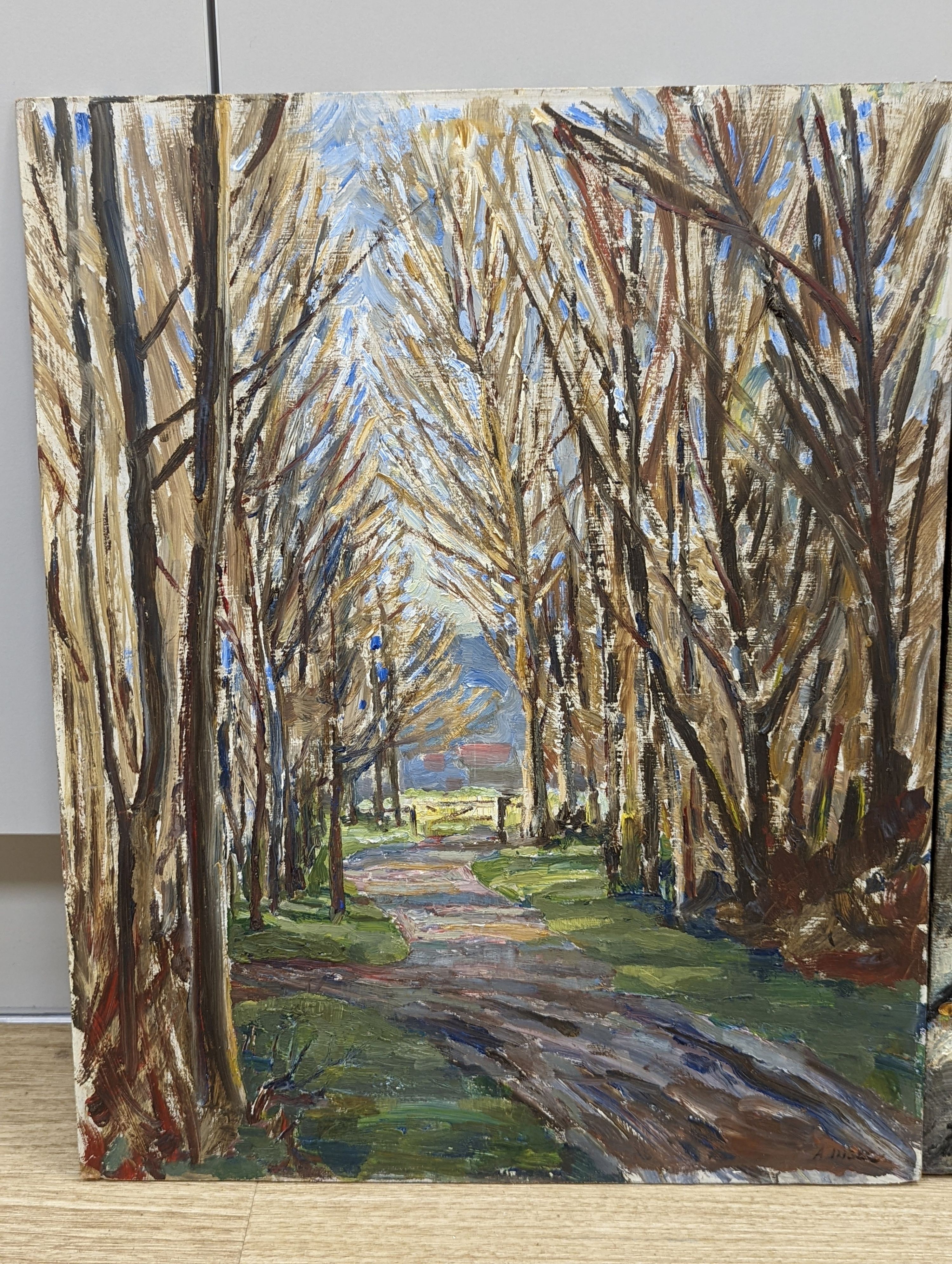 French School, oil on canvas, Still life of a bunch of flowers, indistinctly signed and dated '68, 40 x 49cm, unframed, and an oil of a tree lined lane, signed Ingle, 50 x 40cm